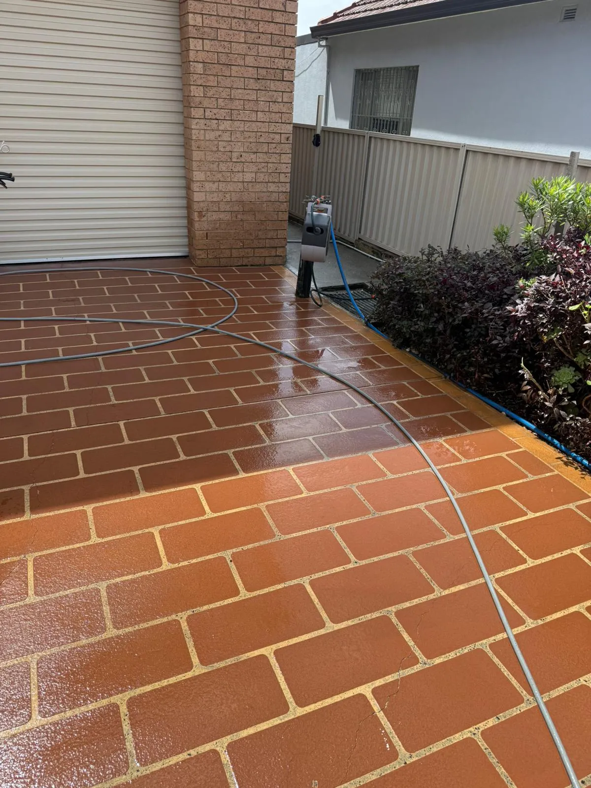 JetBlast Pressure Washing Wotk completion -Clean, freshly washed brick driveway with a hose and nearby plants.