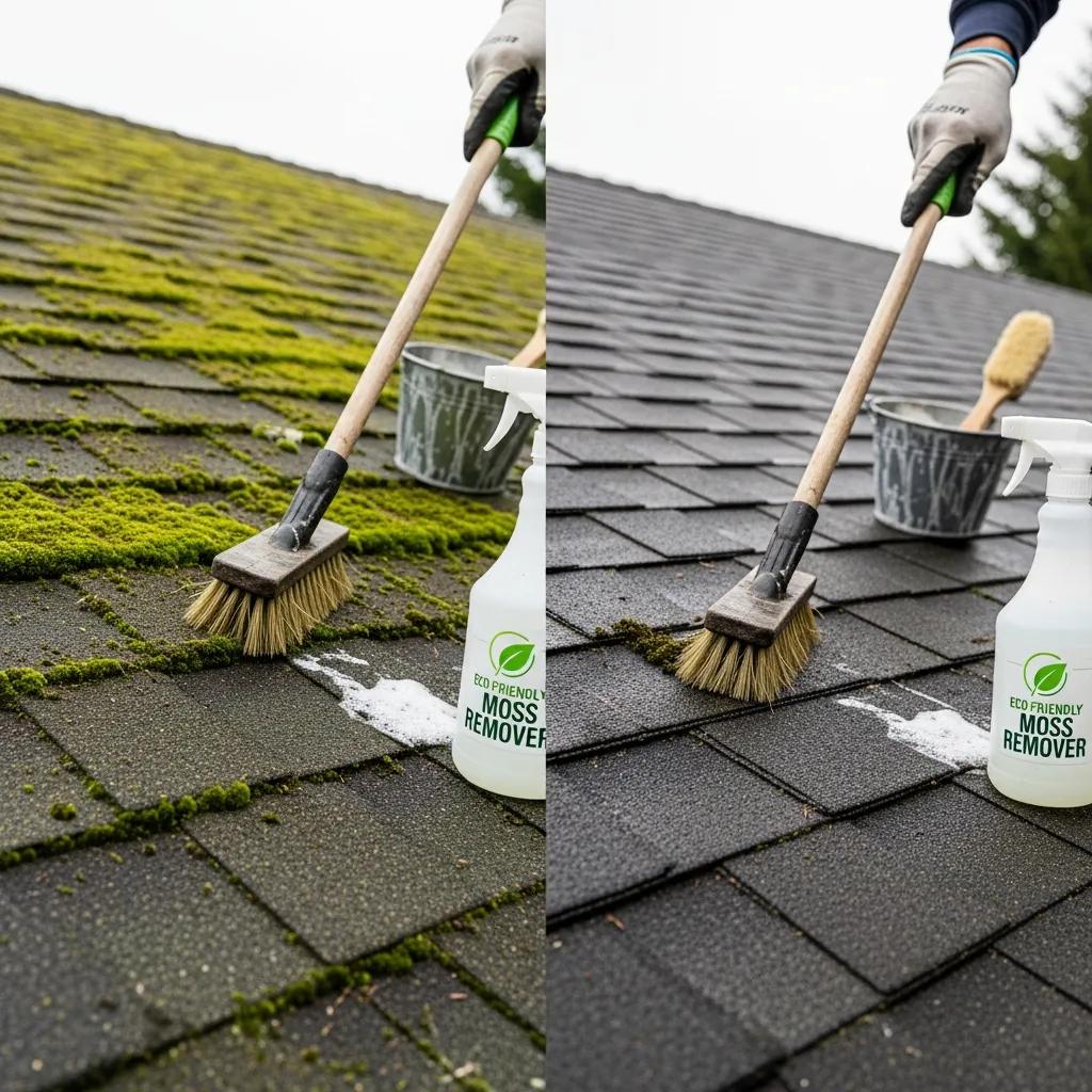 Close-up of roof moss removal process showing before and after treatment