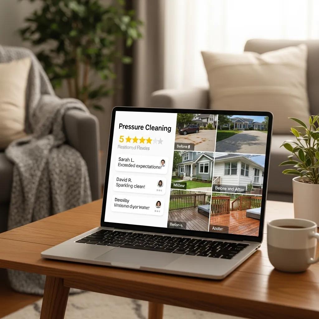 Customer reviews and testimonials for pressure cleaning services displayed on a laptop, highlighting positive feedback