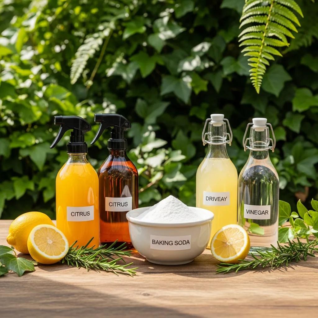 Eco-friendly driveway cleaning products including citrus-based cleaners and vinegar on a wooden table