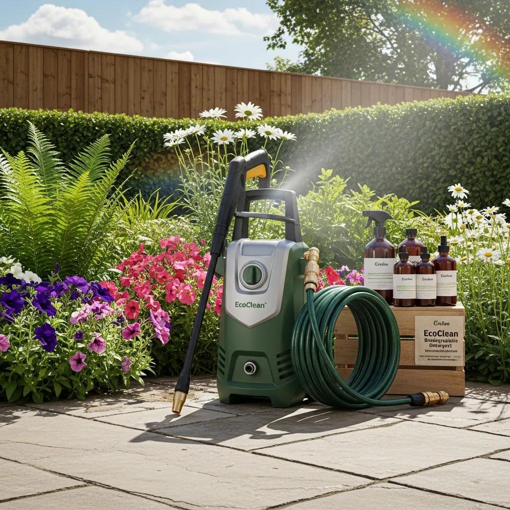 Eco-friendly power washing equipment with biodegradable detergents in a natural setting