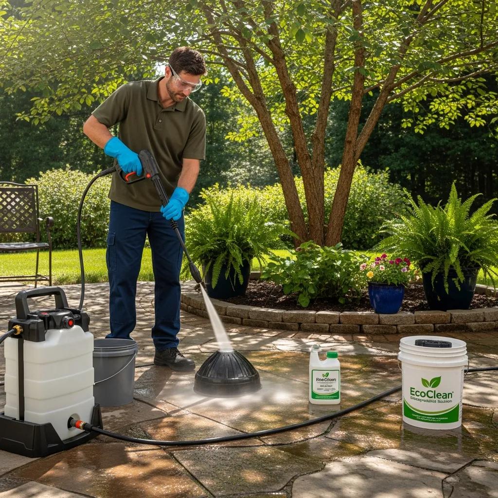 Eco-friendly pressure cleaning practices with biodegradable solutions and a clean environment