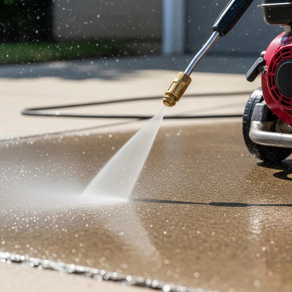 Pressure washing machine cleaning a stained driveway with high-pressure water jets