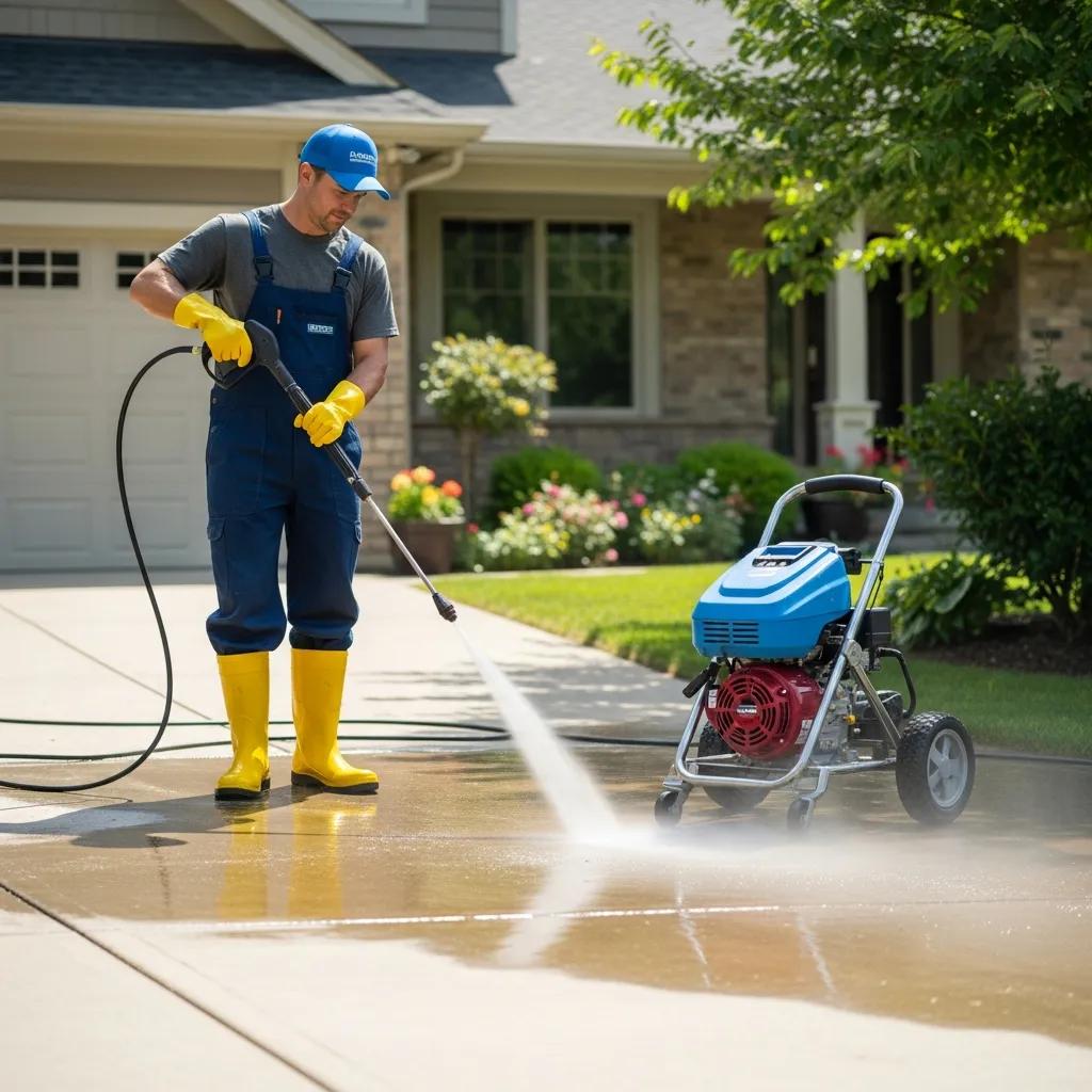 Professional driveway cleaning service using a pressure washer on a concrete surface