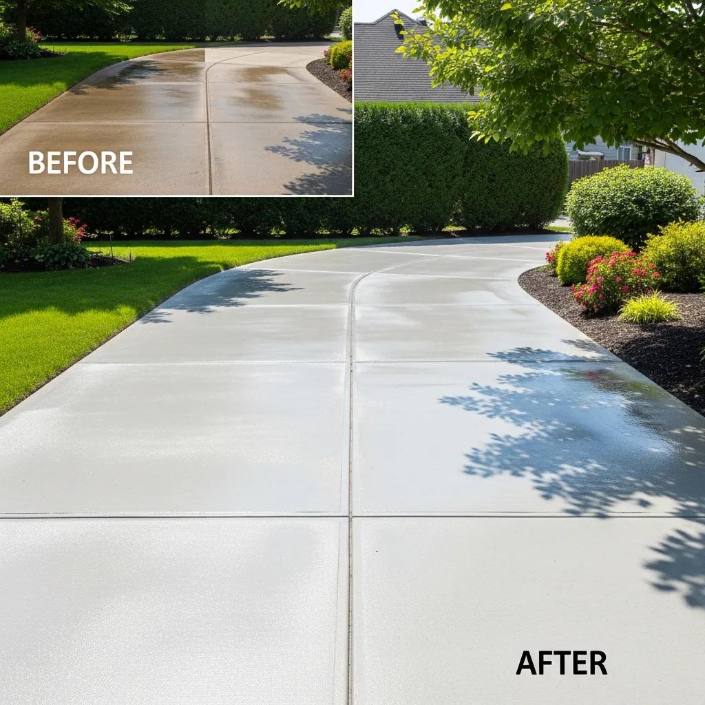 Restored driveway after professional power washing service showing before-and-after comparison