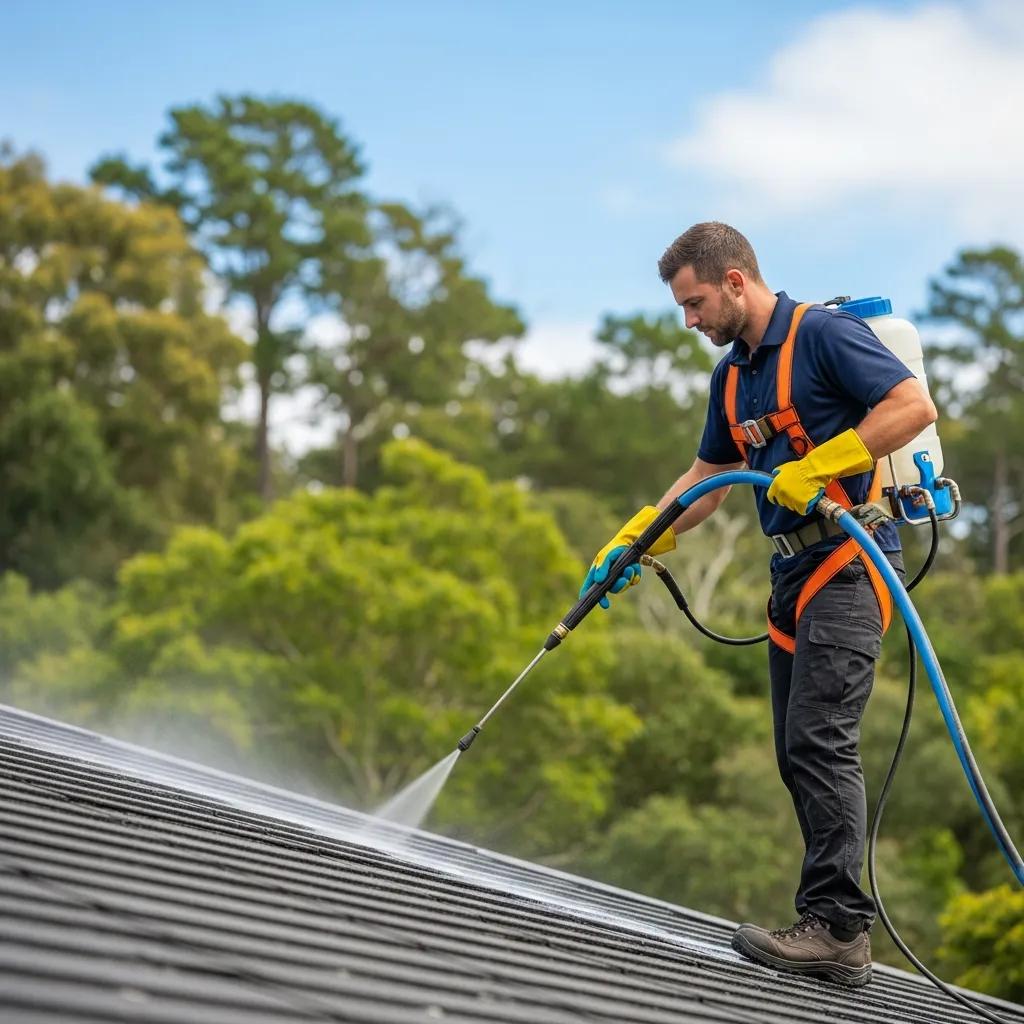 Technician using eco-friendly cleaning solutions for roof maintenance