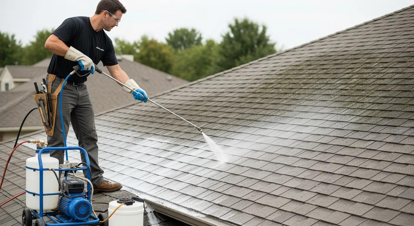 Professional using soft wash technique to clean a roof safely and effectively