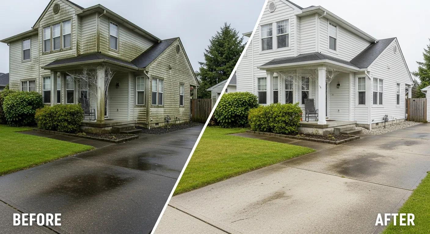 Before and after pressure washing transformation of a residential property exterior