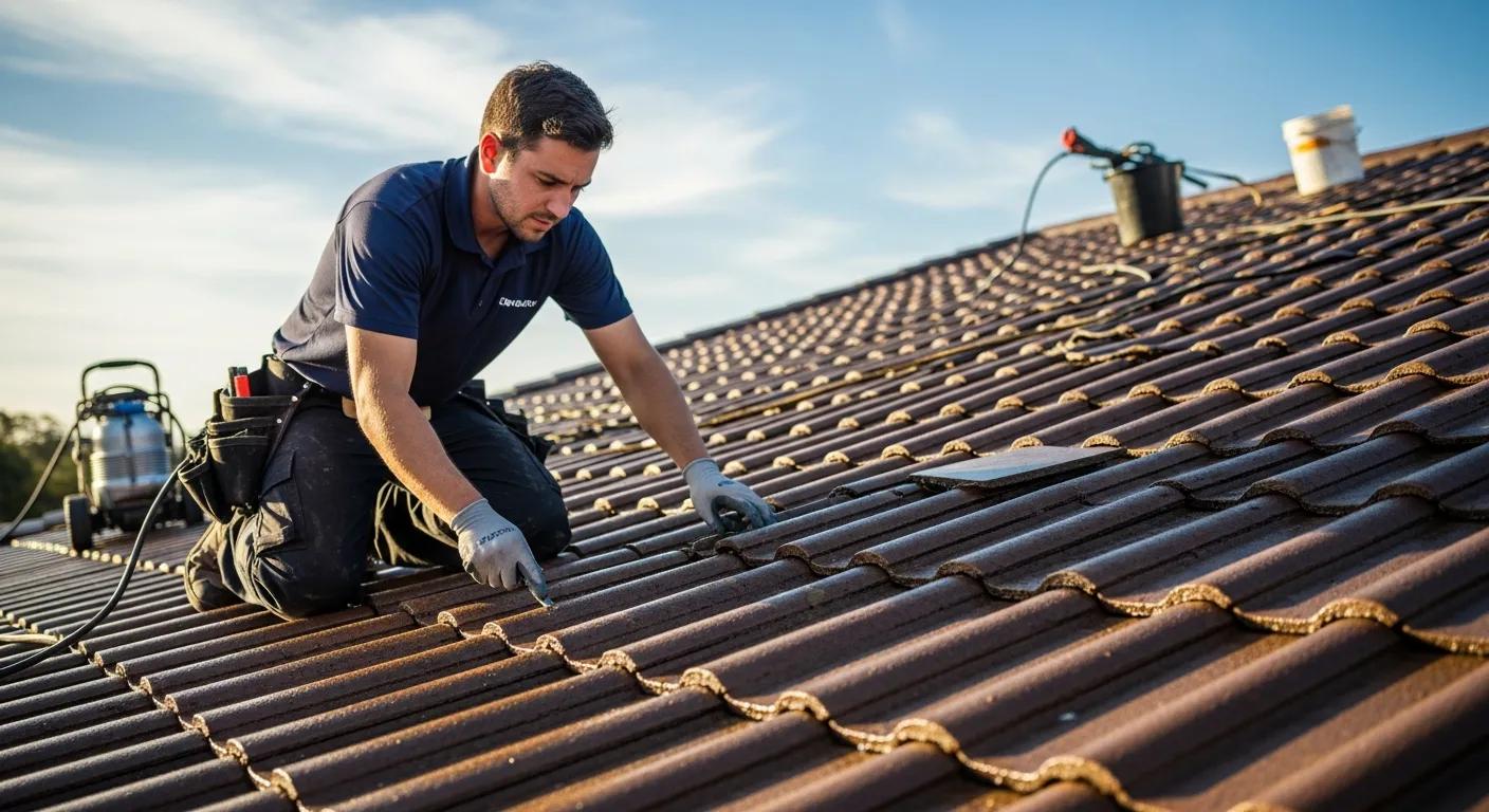 Technician inspecting roof tiles after cleaning during roof restoration process