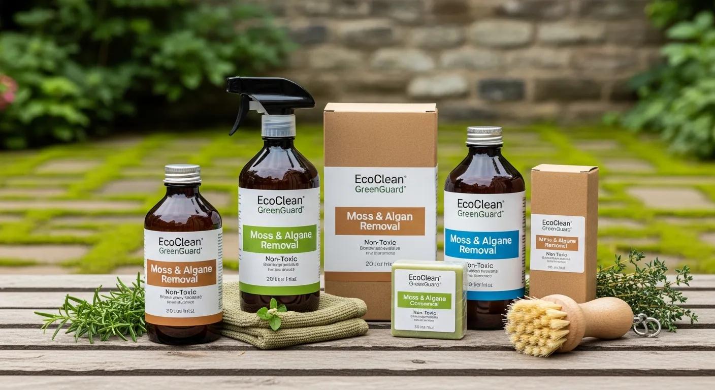 Eco-friendly cleaning products for moss and algae removal, emphasizing sustainability