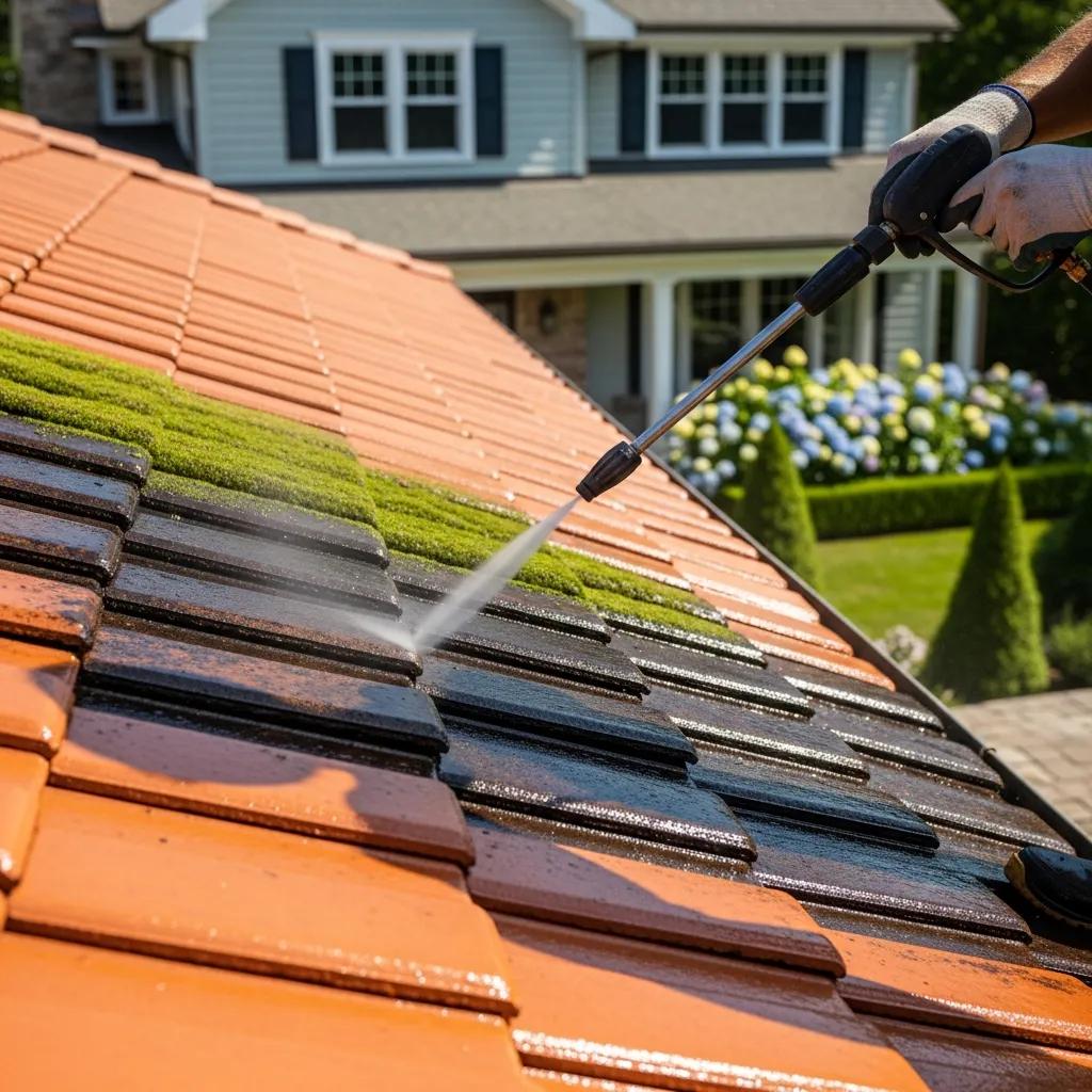 Close-up of a professional cleaning moss and algae from a residential roof