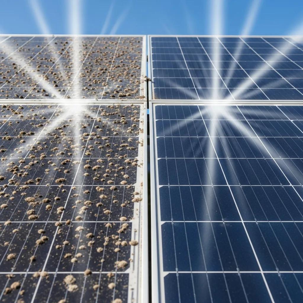 Comparison of dirty and clean solar panels showing the impact of contaminants on efficiency
