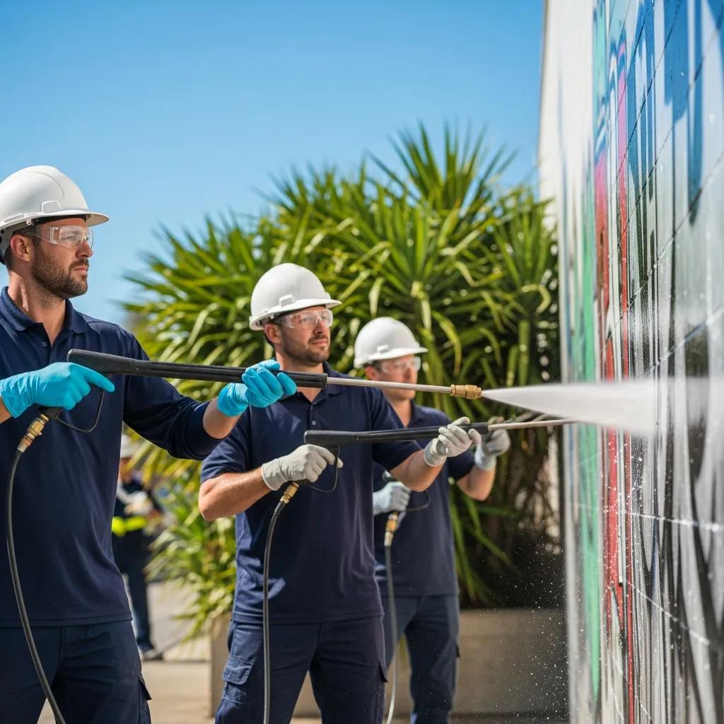 Professional cleaners using eco-friendly high-pressure washing equipment to remove graffiti in Sydney