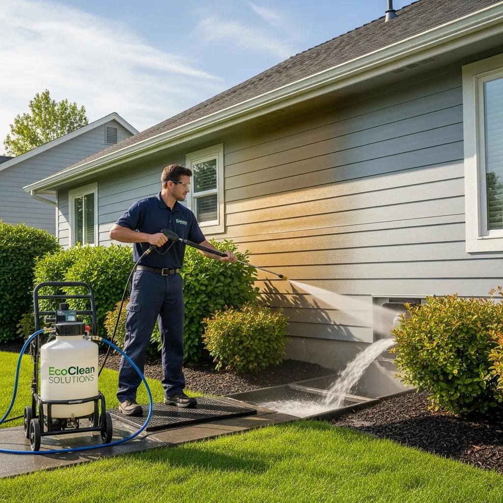 Professional pressure washing technician using eco-friendly cleaning agents on a property